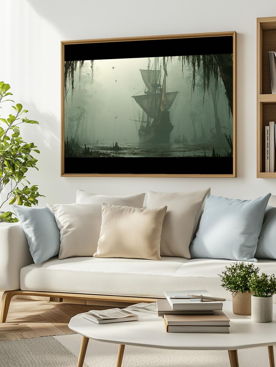 Misty Pirate Ship Swamp Print. — room view 2