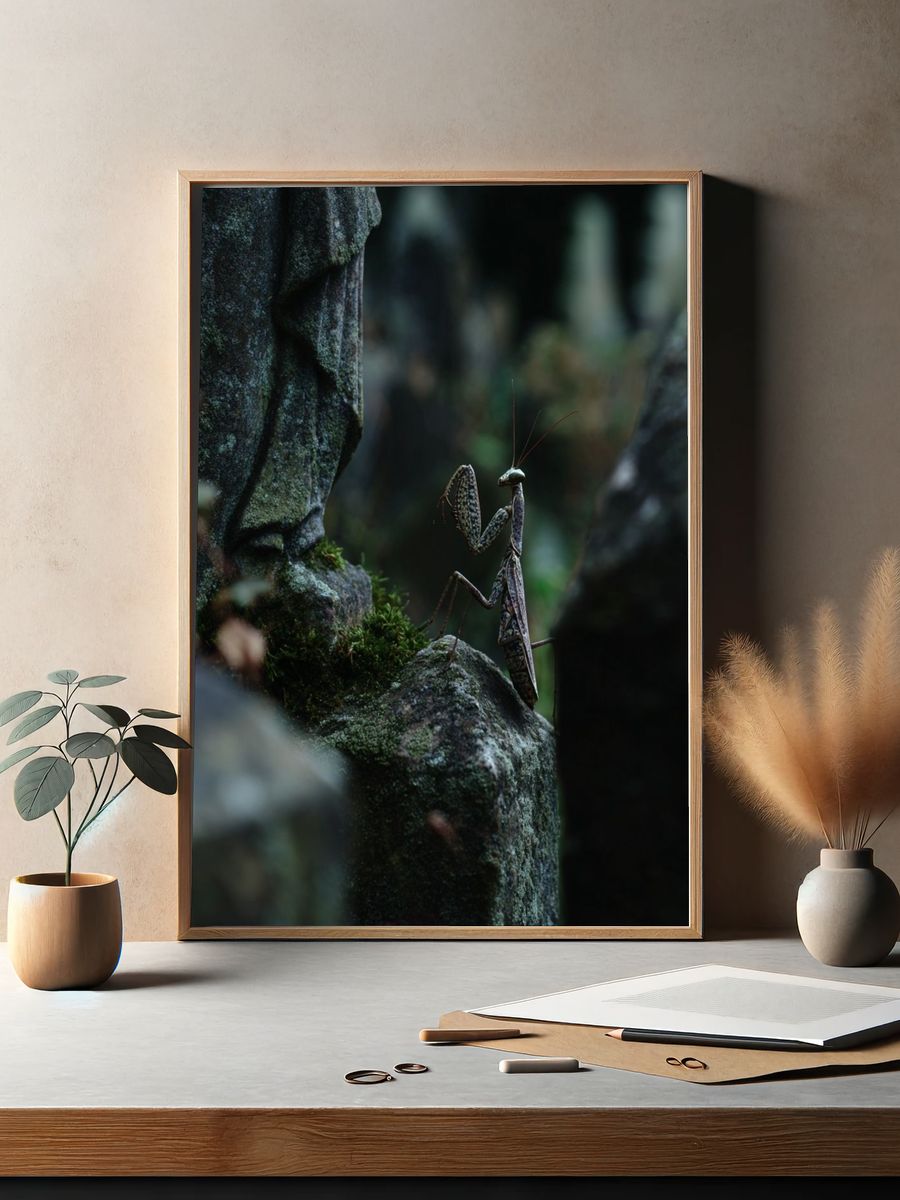 Praying Mantis in Mossy Forest Poster. — room view 2