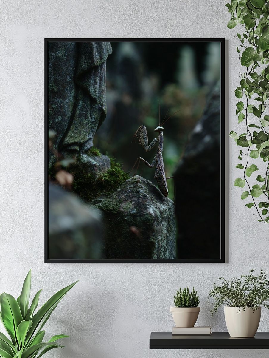 Praying Mantis in Mossy Forest Poster. — room view 4