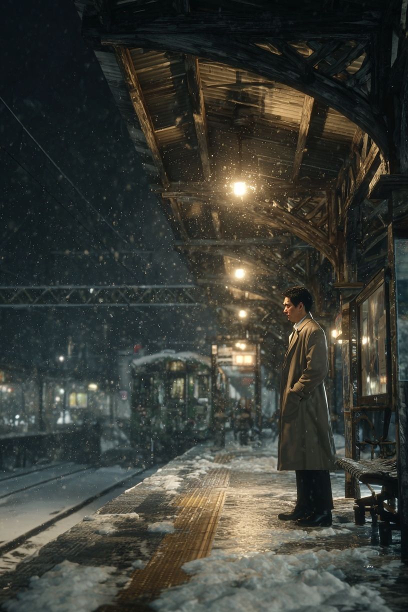 Snowy Train Station at Night — Photography Print. poster detail