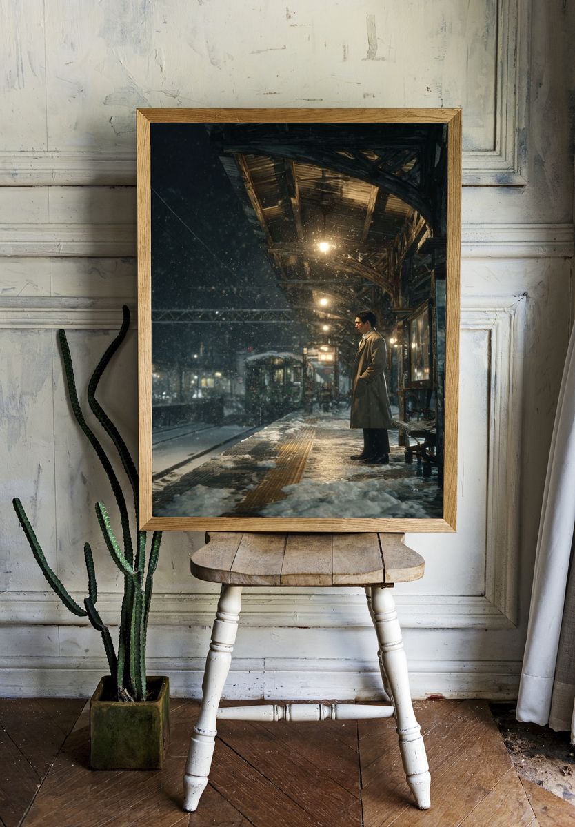 Snowy Train Station at Night — Photography Print. — room view 1