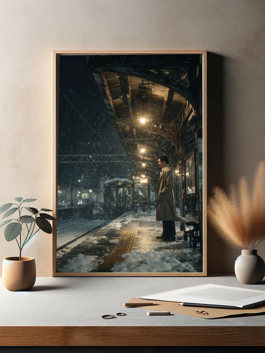 Snowy Train Station at Night — Photography Print. — room view 2