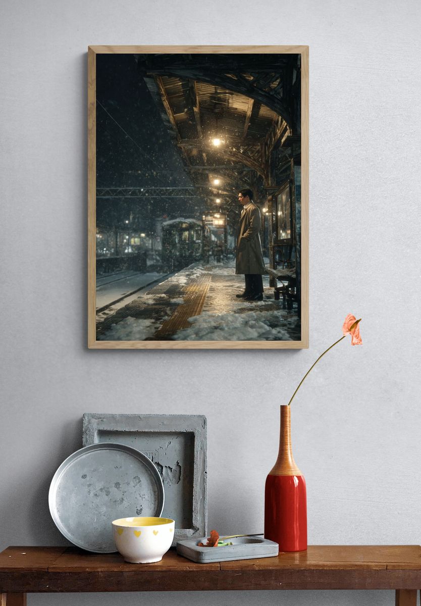 Snowy Train Station at Night — Photography Print. — room view 3
