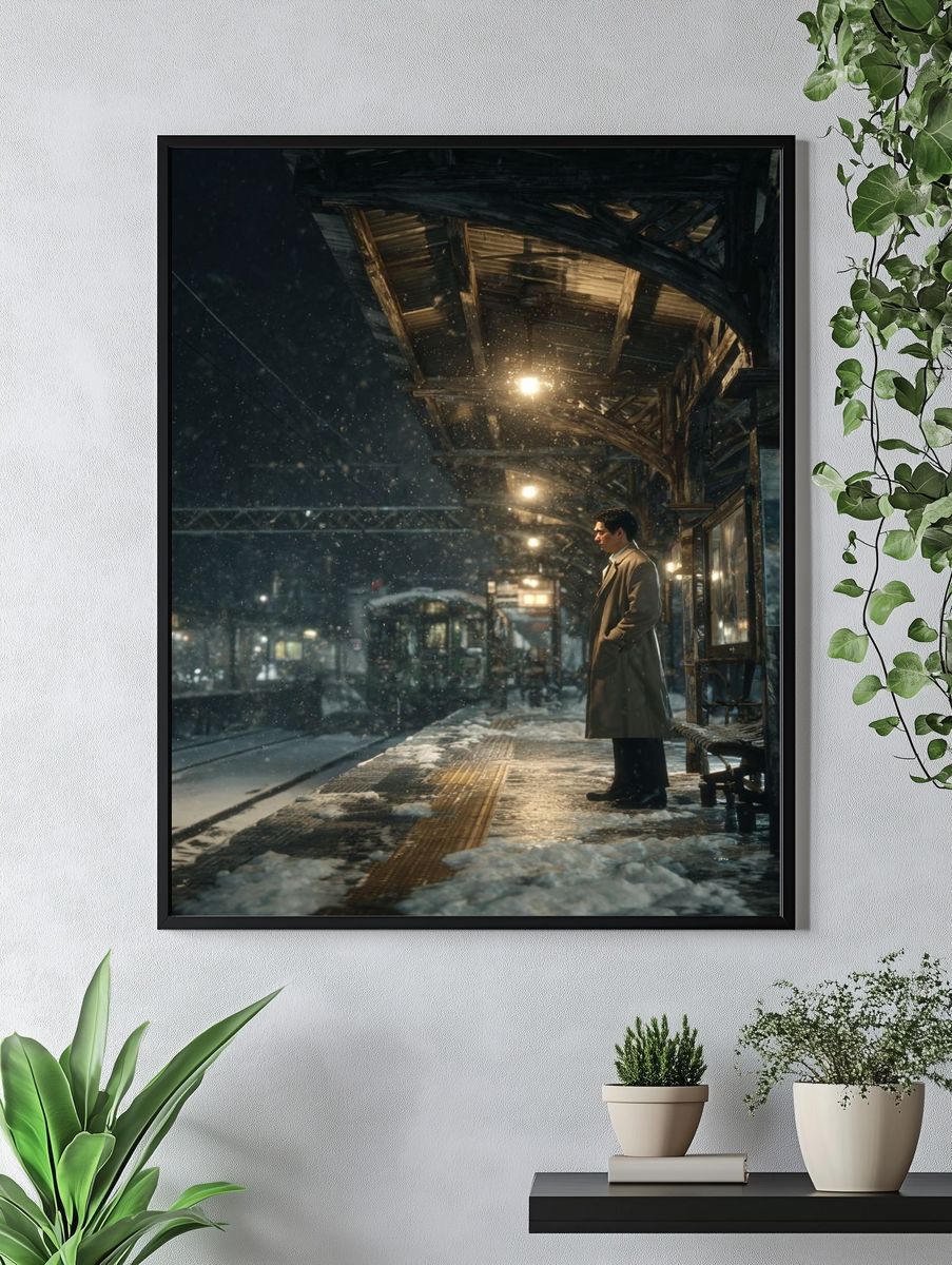 Snowy Train Station at Night — Photography Print. — room view 4