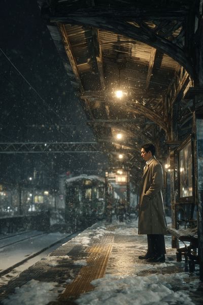Snowy Train Station at Night — Photography Print. poster print