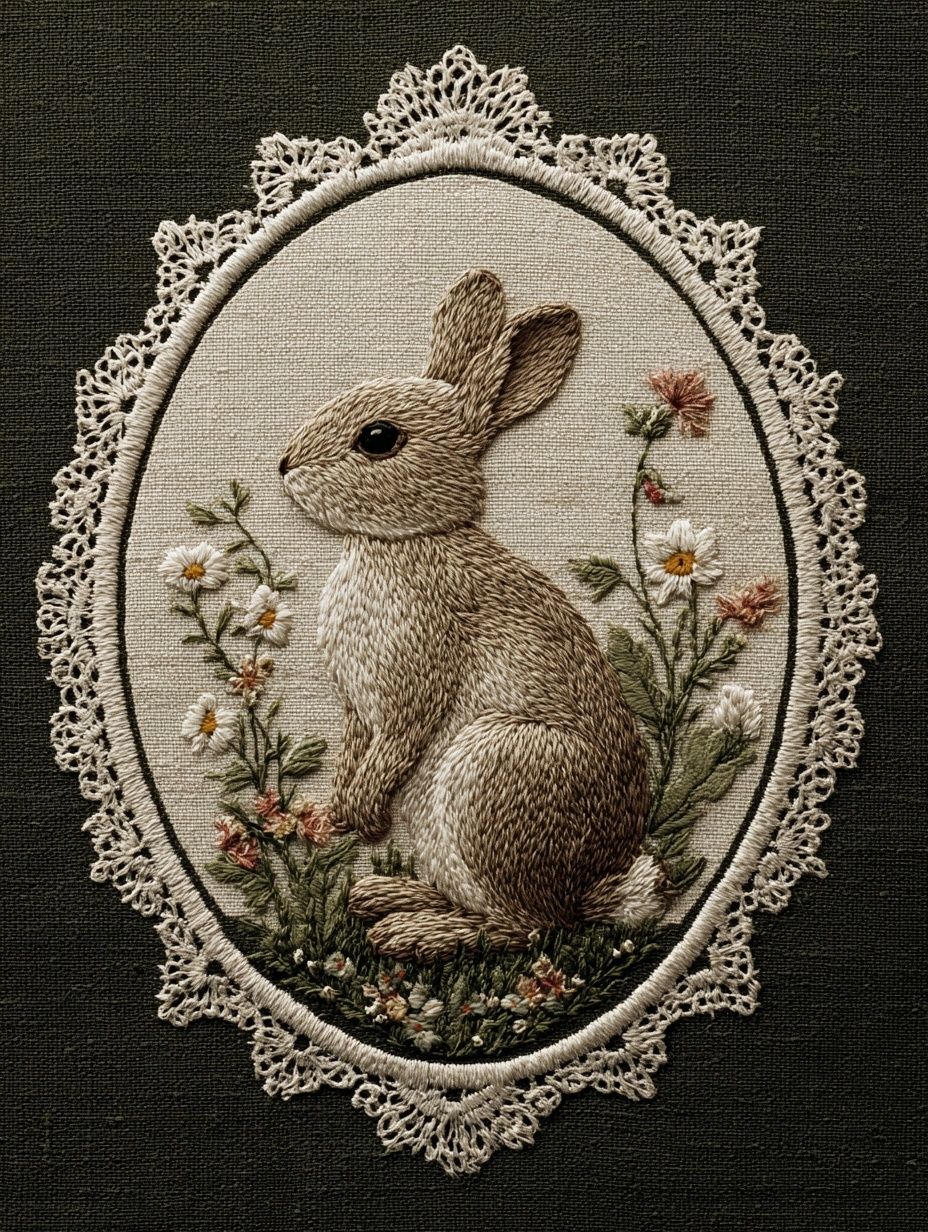 Rabbit Embroidery Art Poster. poster detail