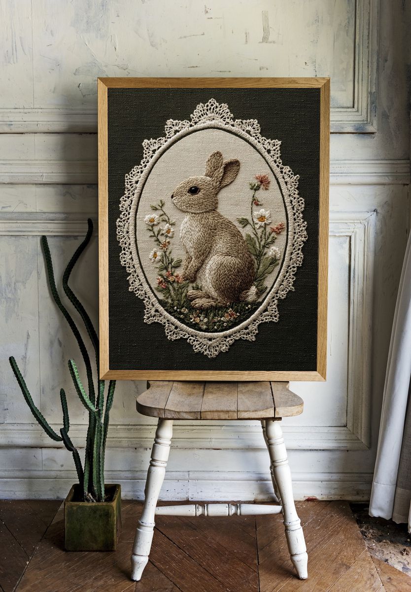 Rabbit Embroidery Art Poster. — room view 1