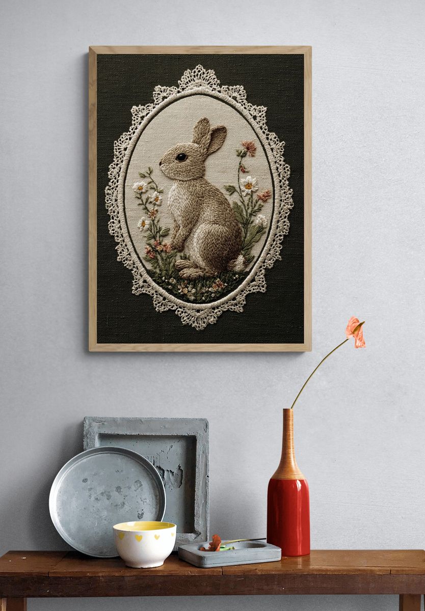 Rabbit Embroidery Art Poster. — room view 3