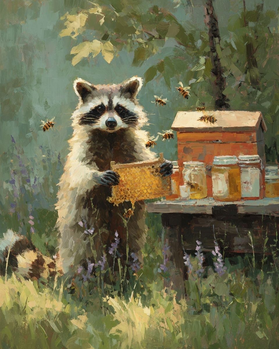 Raccoon with Honeycomb — Illustration Print. poster detail