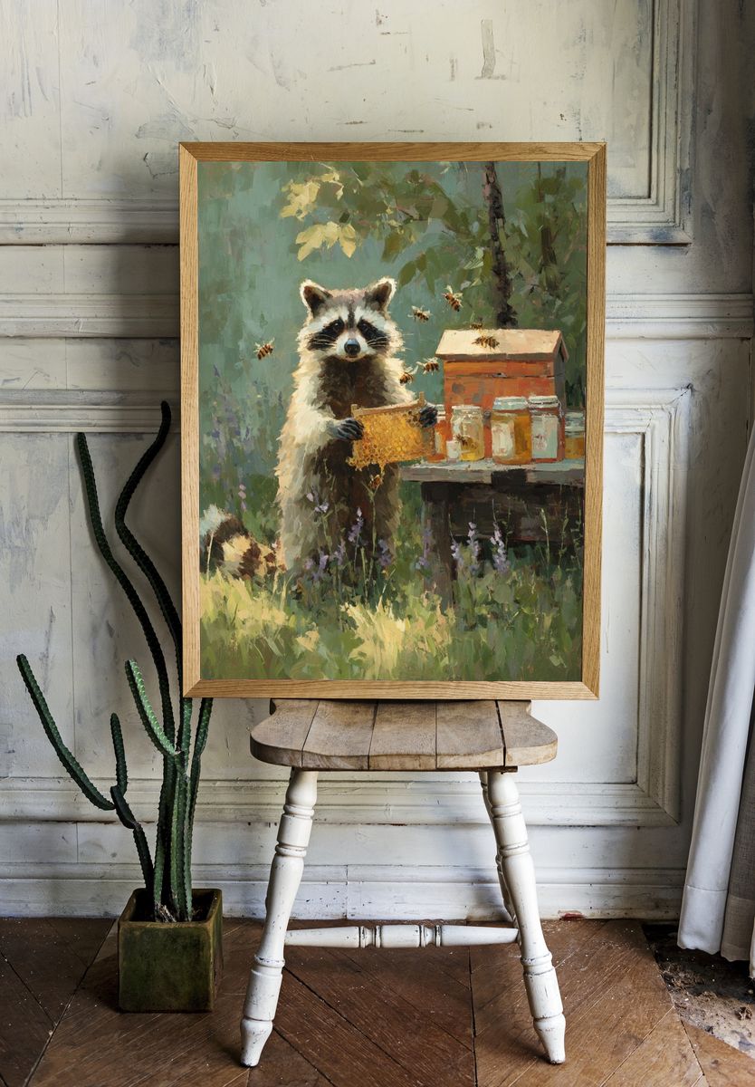 Raccoon with Honeycomb — Illustration Print. — room view 1
