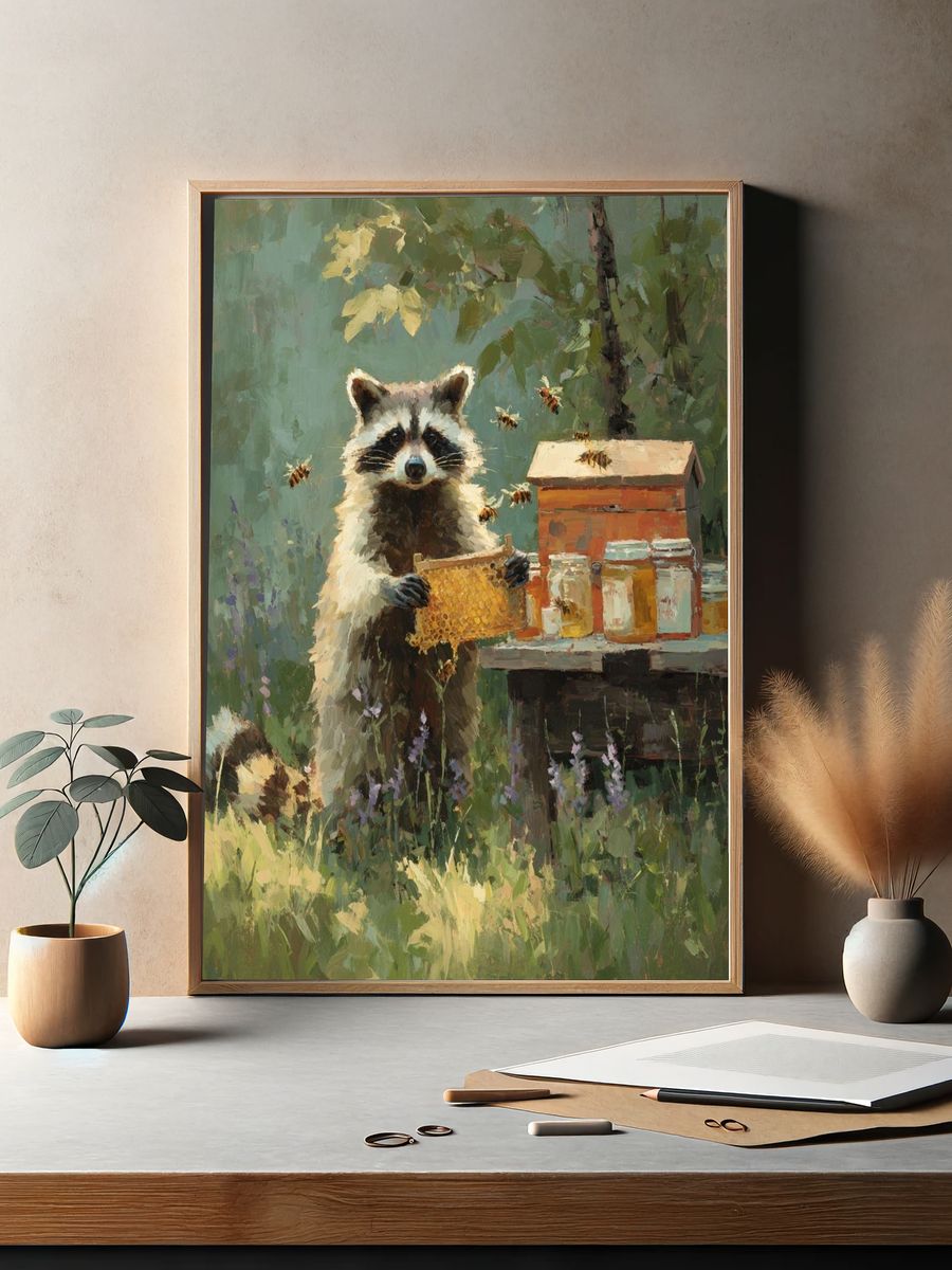 Raccoon with Honeycomb — Illustration Print. — room view 2