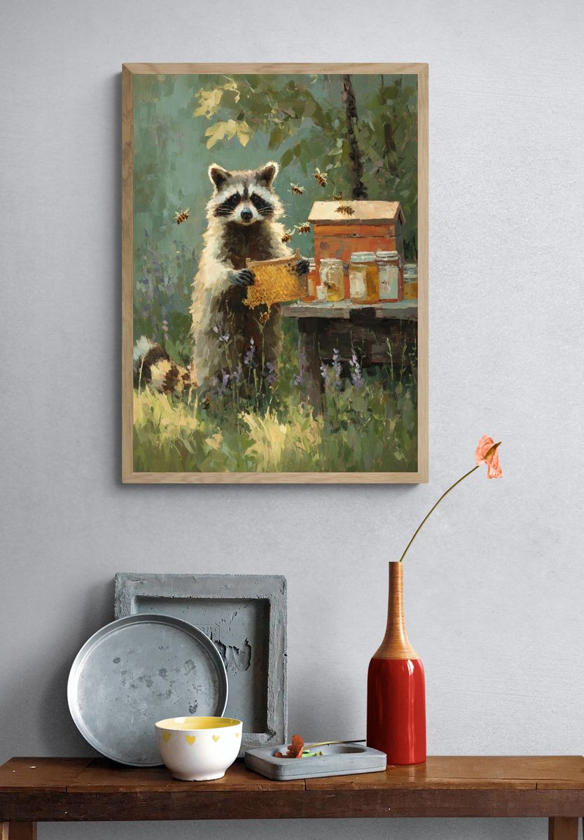 Raccoon with Honeycomb — Illustration Print. — room view 3