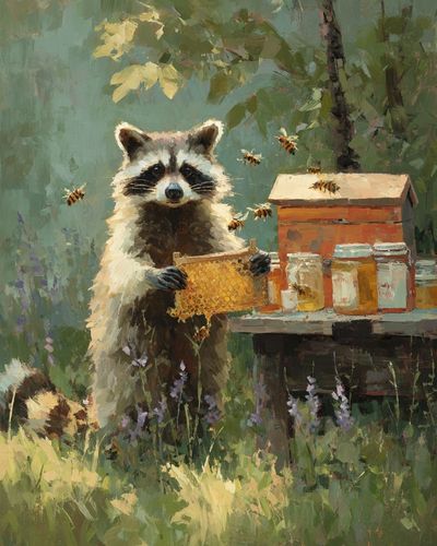 Raccoon with Honeycomb — Illustration Print. poster print