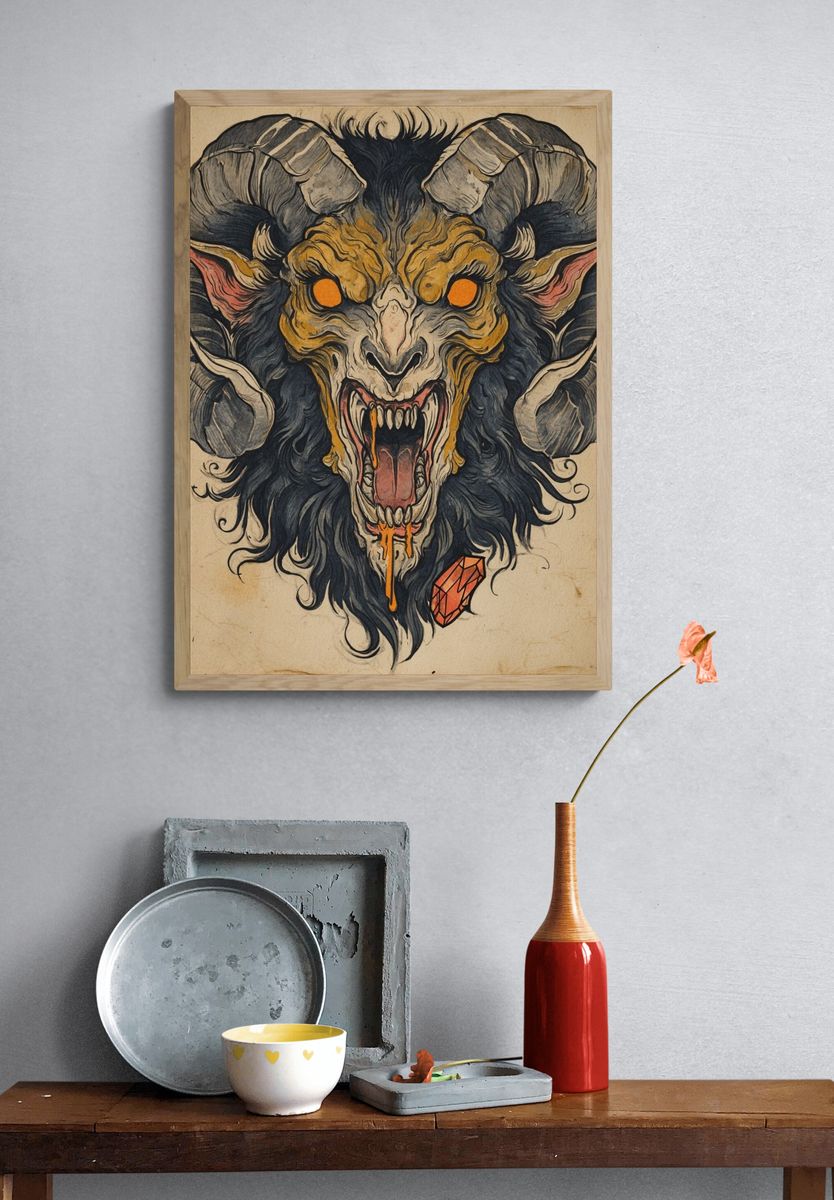 Ferocious Ram Head — Illustration Print. — room view 3