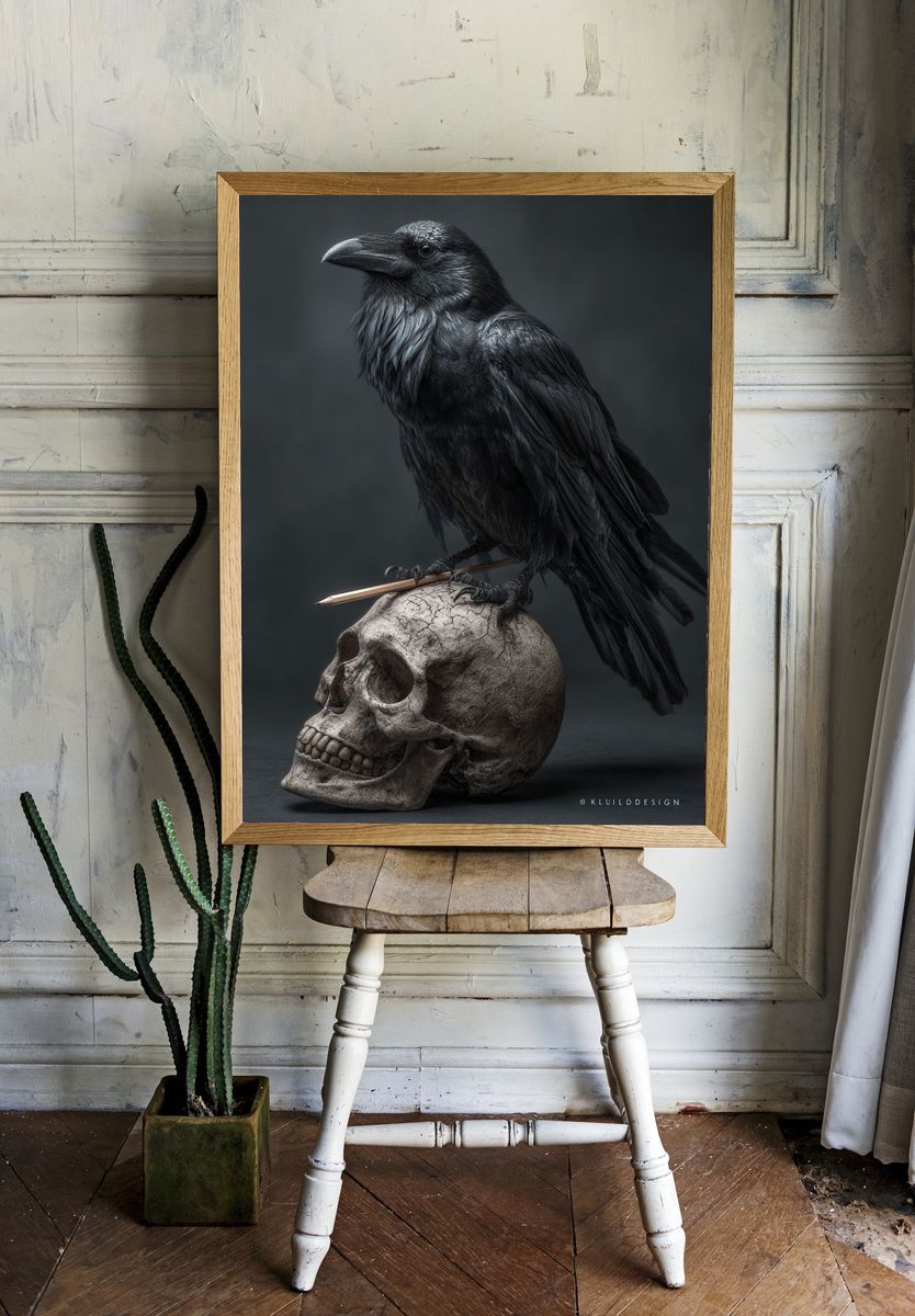 Raven on Skull Dark Illustration Poster. — room view 1