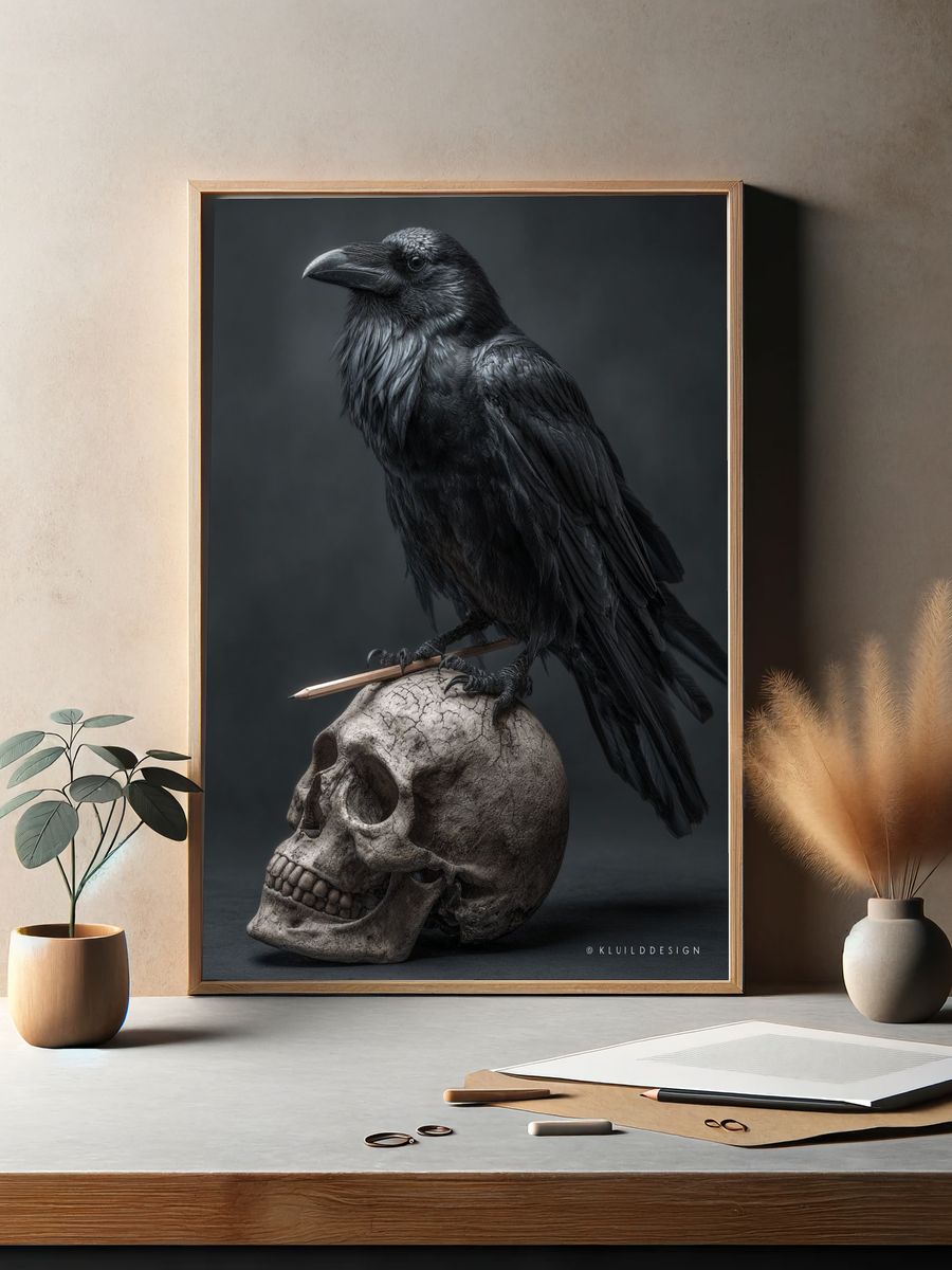 Raven on Skull Dark Illustration Poster. — room view 2