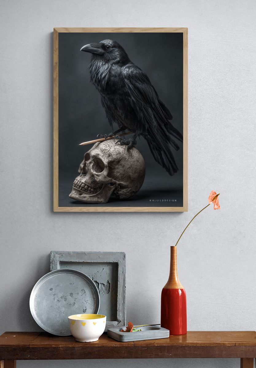 Raven on Skull Dark Illustration Poster. — room view 3