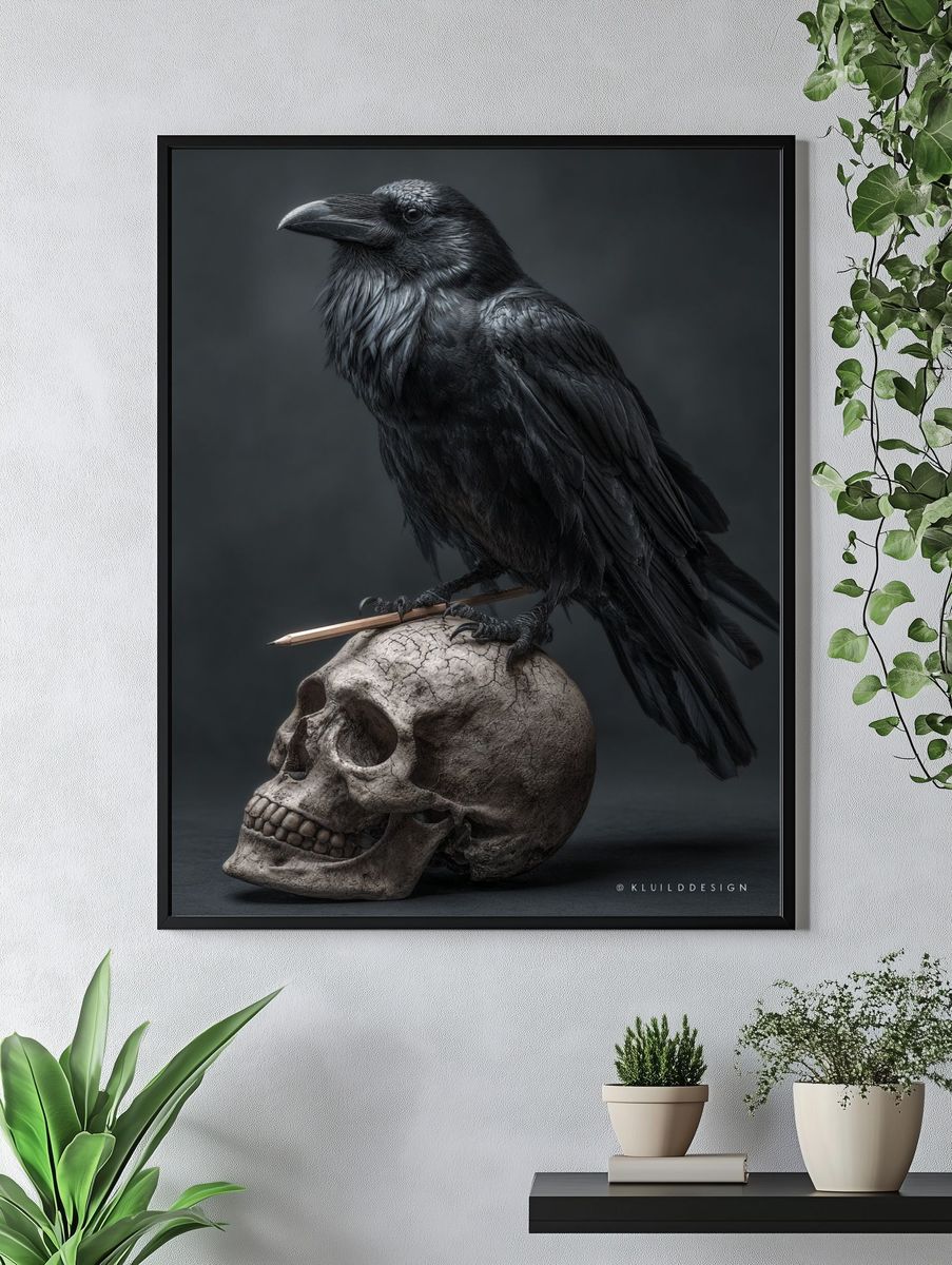 Raven on Skull Dark Illustration Poster. — room view 4