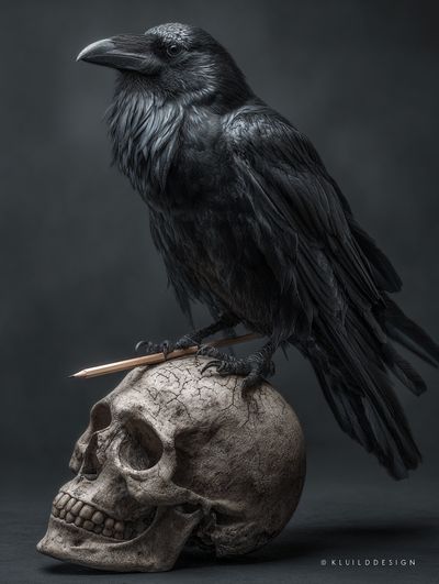 Raven on Skull Dark Illustration Poster. poster print