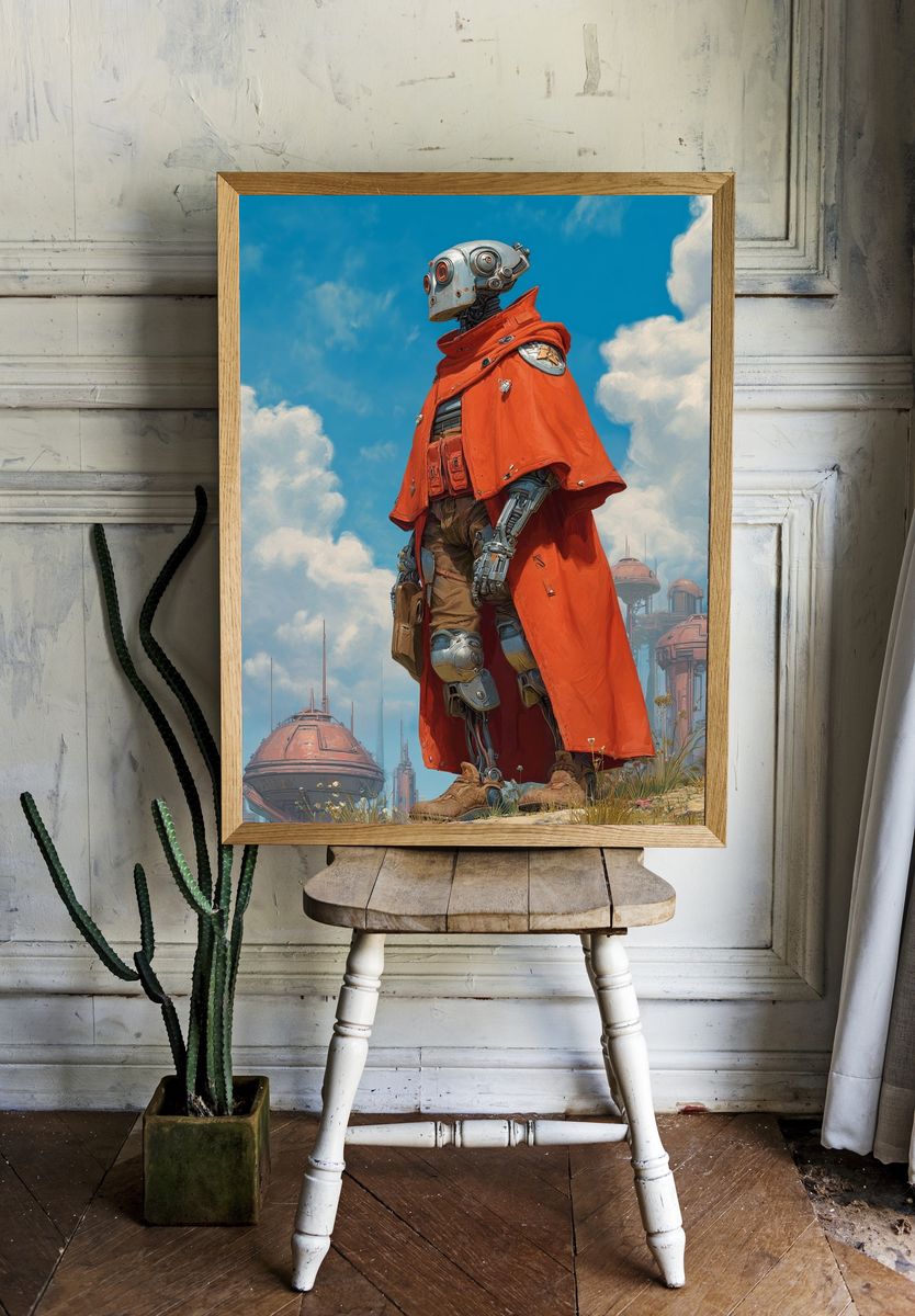 Futuristic Robot in Orange Cloak Poster. — room view 1