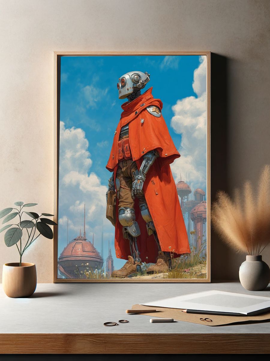 Futuristic Robot in Orange Cloak Poster. — room view 2