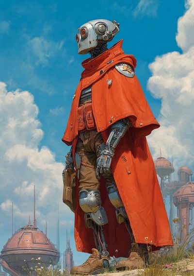 Futuristic Robot in Orange Cloak Poster. poster print