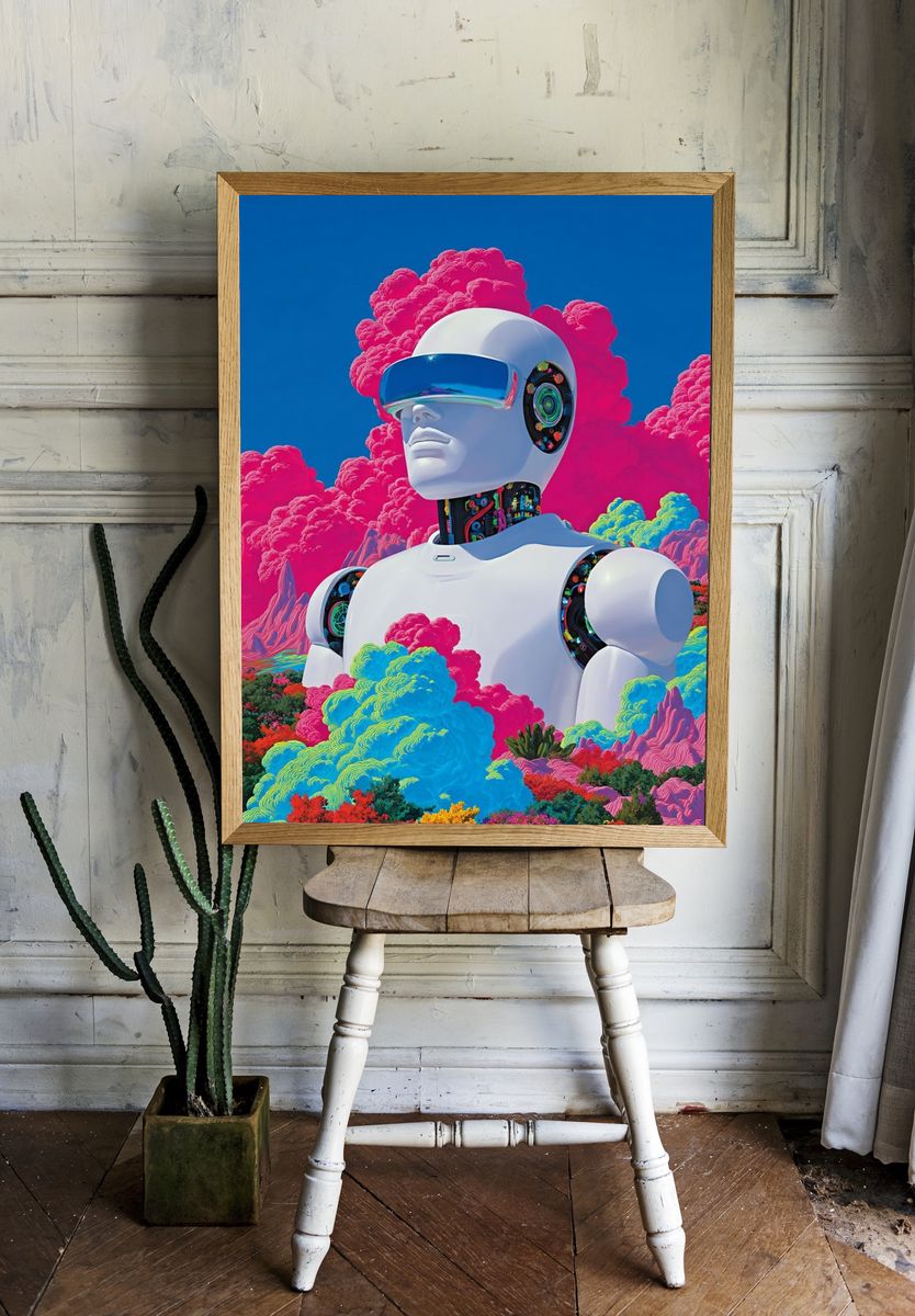 Futuristic Robot in Colorful Landscape Poster. — room view 1