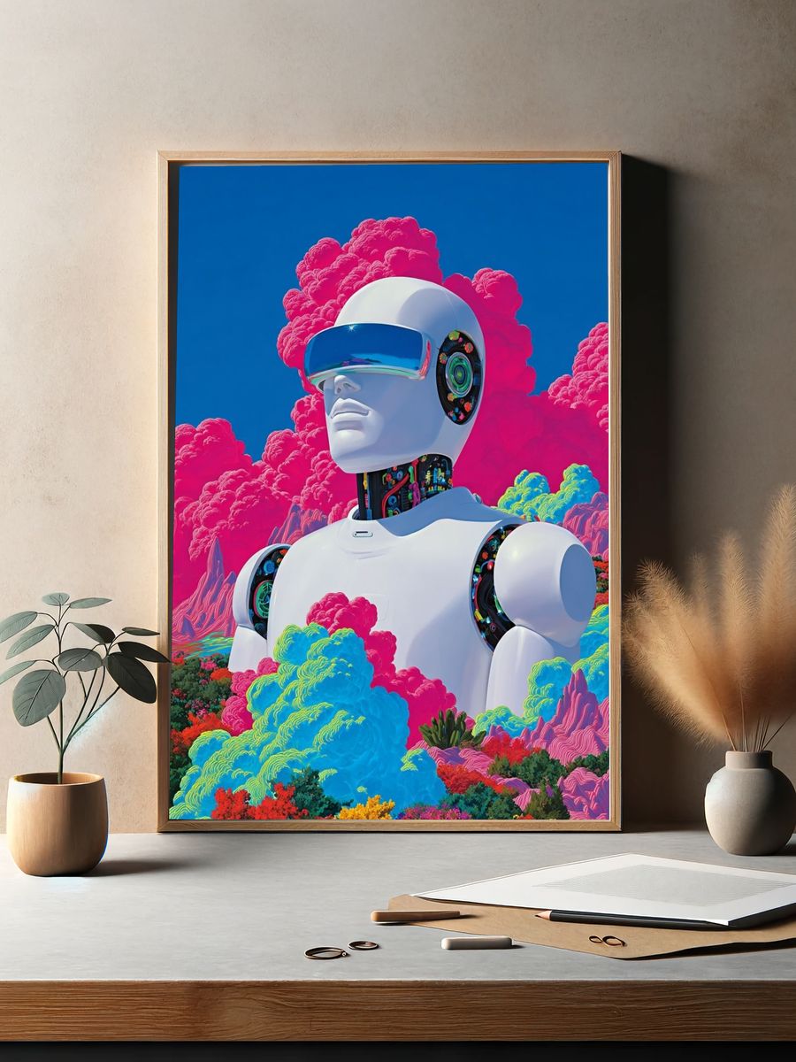 Futuristic Robot in Colorful Landscape Poster. — room view 2