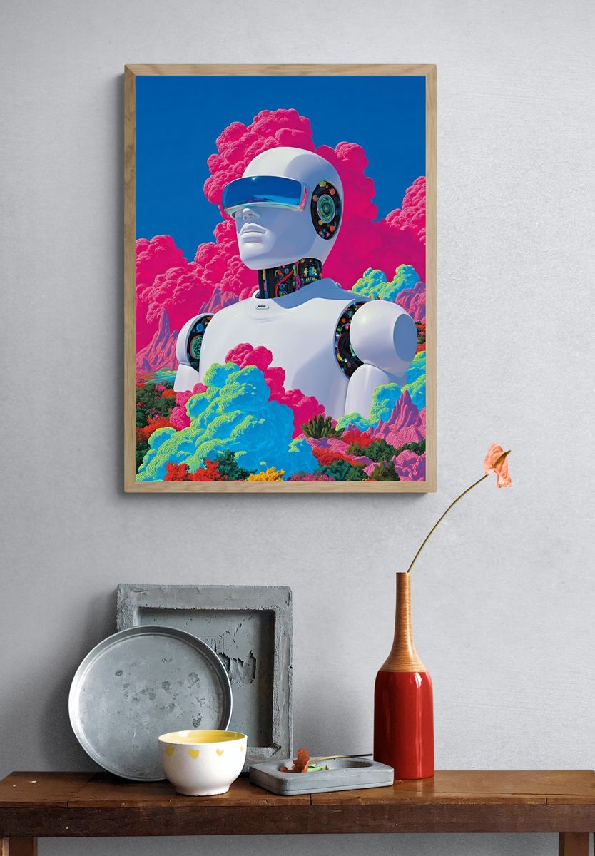 Futuristic Robot in Colorful Landscape Poster. — room view 3