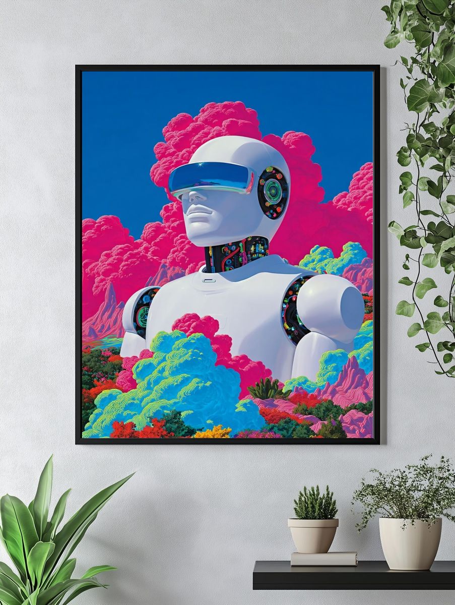 Futuristic Robot in Colorful Landscape Poster. — room view 4