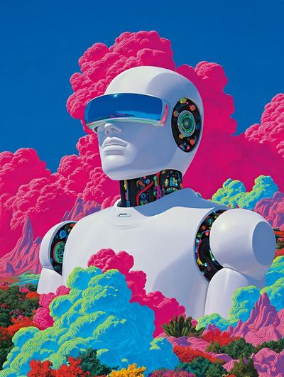 Futuristic Robot in Colorful Landscape Poster. poster print