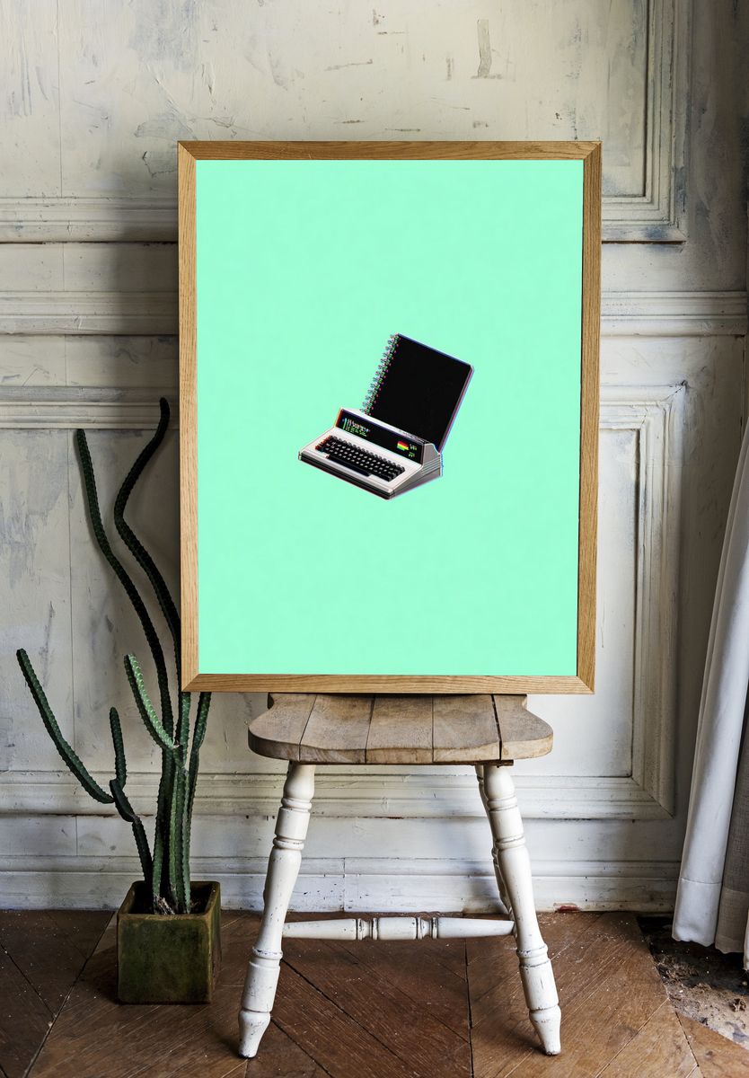 Retro Computer and Notebook — Digital Art Print. — room view 1