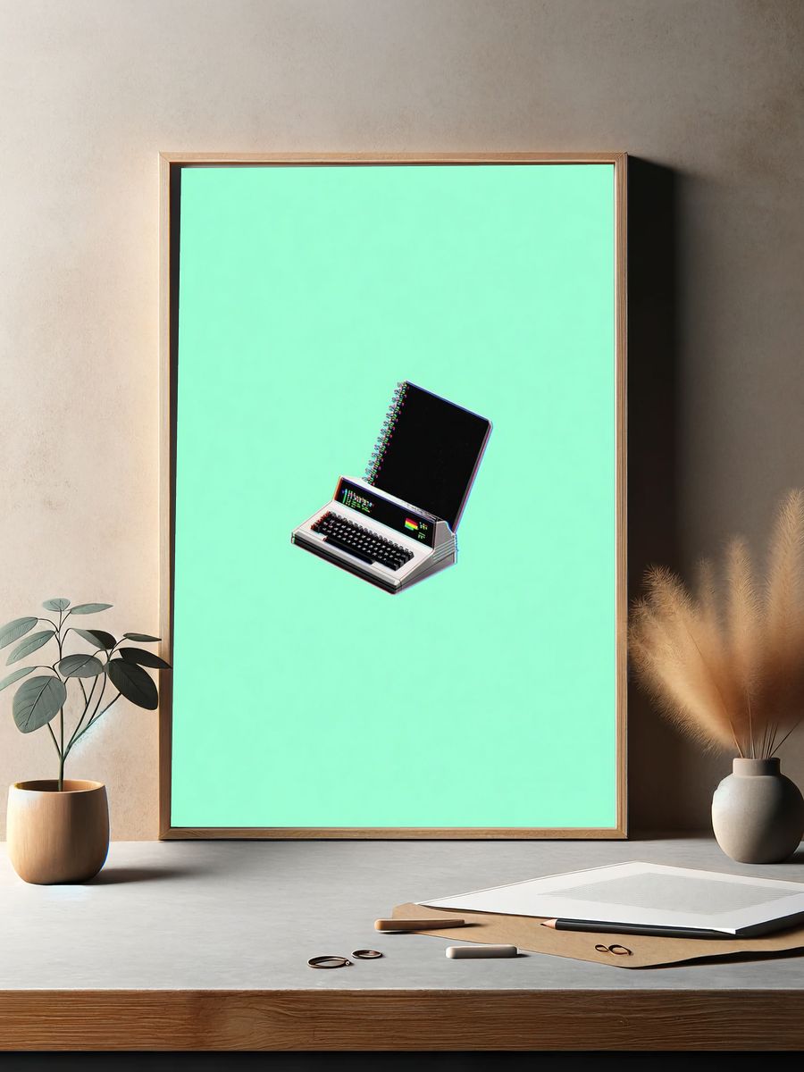 Retro Computer and Notebook — Digital Art Print. — room view 2
