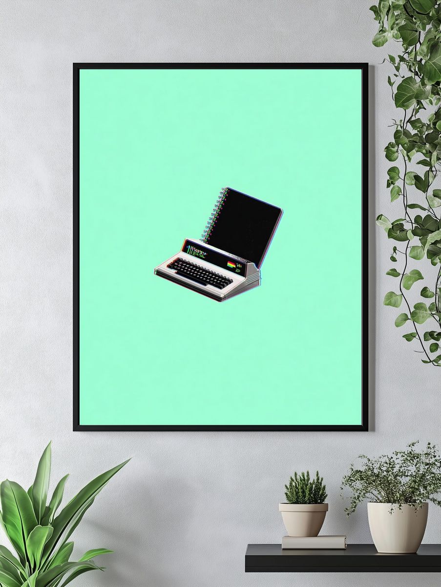 Retro Computer and Notebook — Digital Art Print. — room view 4