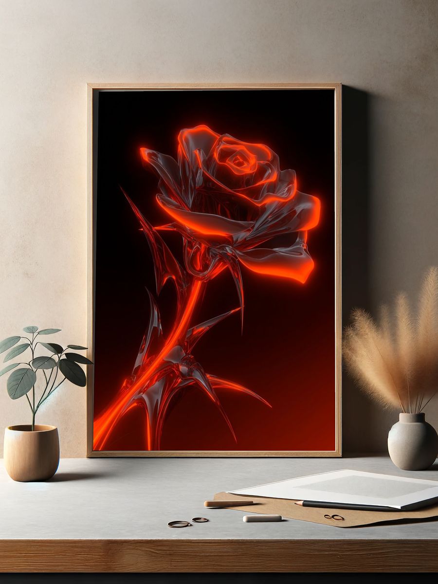 Glowing Red Rose — Digital Art Print. — room view 2