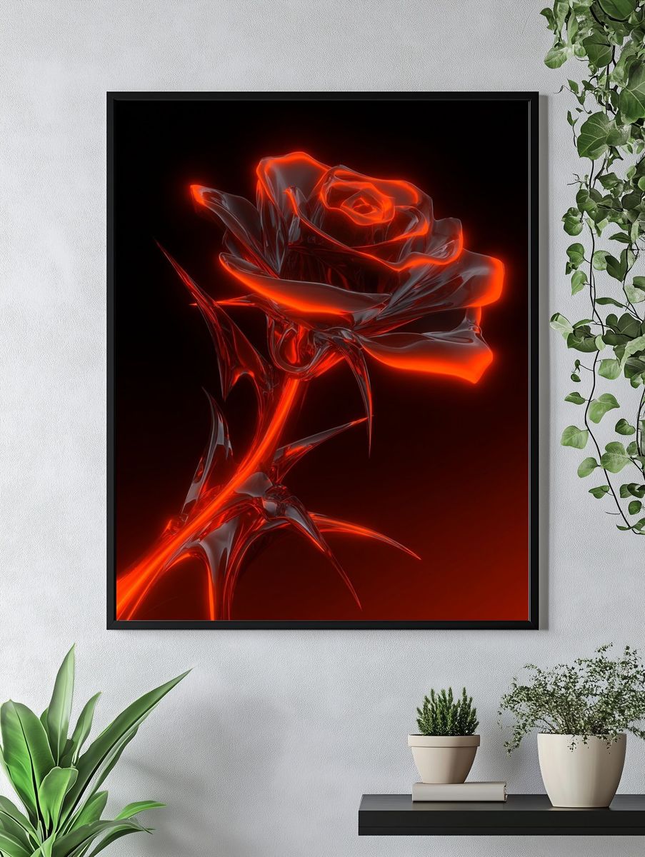 Glowing Red Rose — Digital Art Print. — room view 4