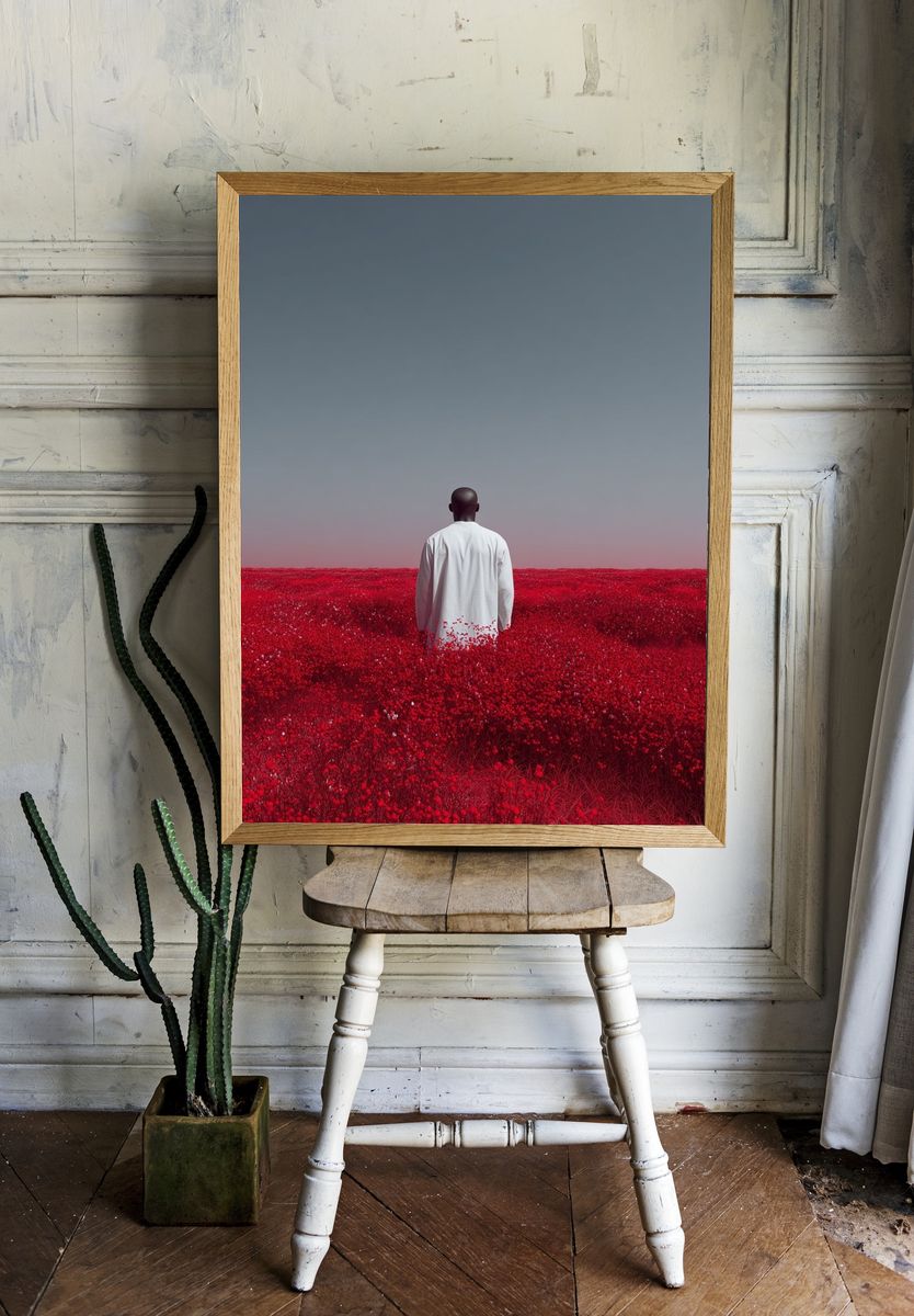 Man in Red Flower Field — Photography Print. — room view 1
