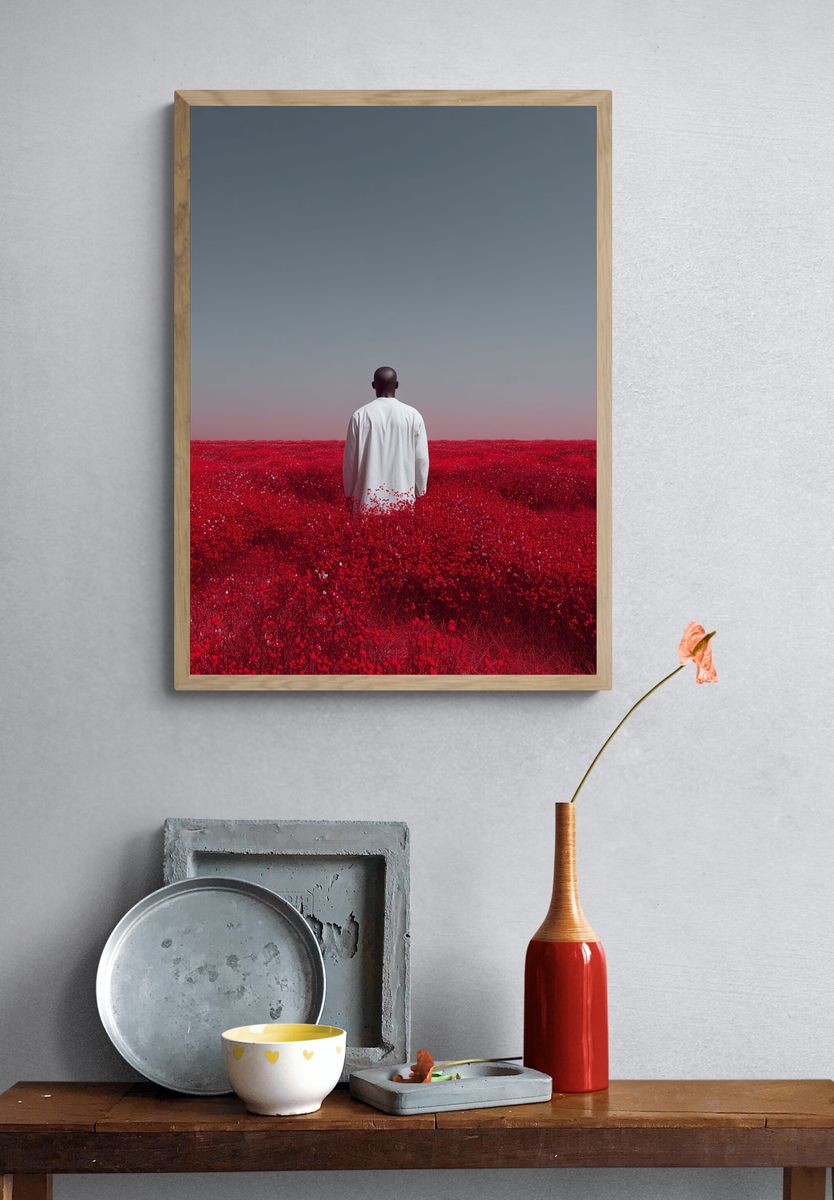 Man in Red Flower Field — Photography Print. — room view 3