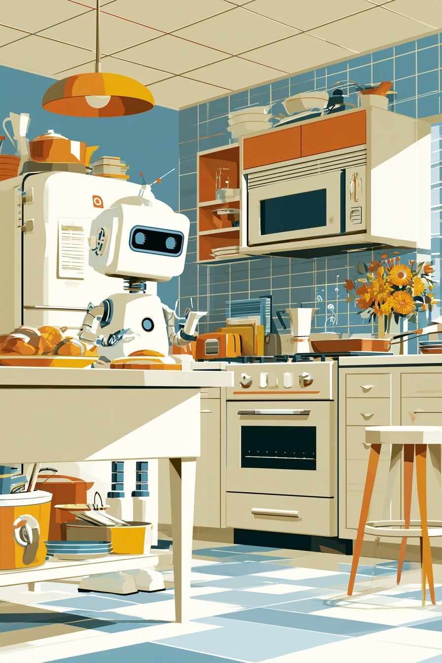 Retro Robot Kitchen Illustration Poster. poster detail