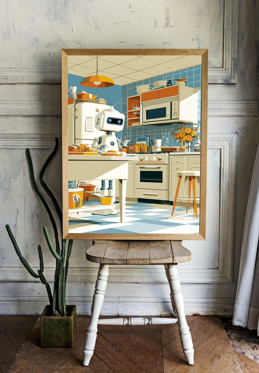 Retro Robot Kitchen Illustration Poster. — room view 1