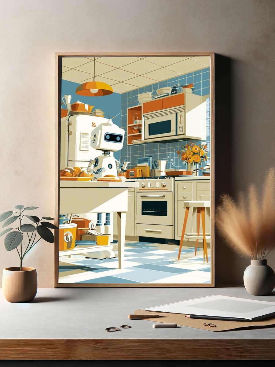 Retro Robot Kitchen Illustration Poster. — room view 2