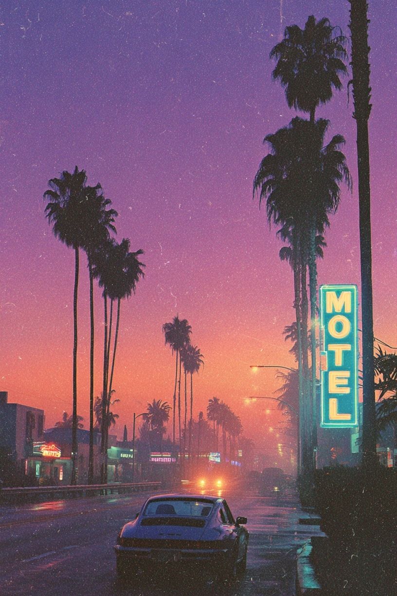 Retro Motel at Sunset — Vintage Print. poster — vintage art