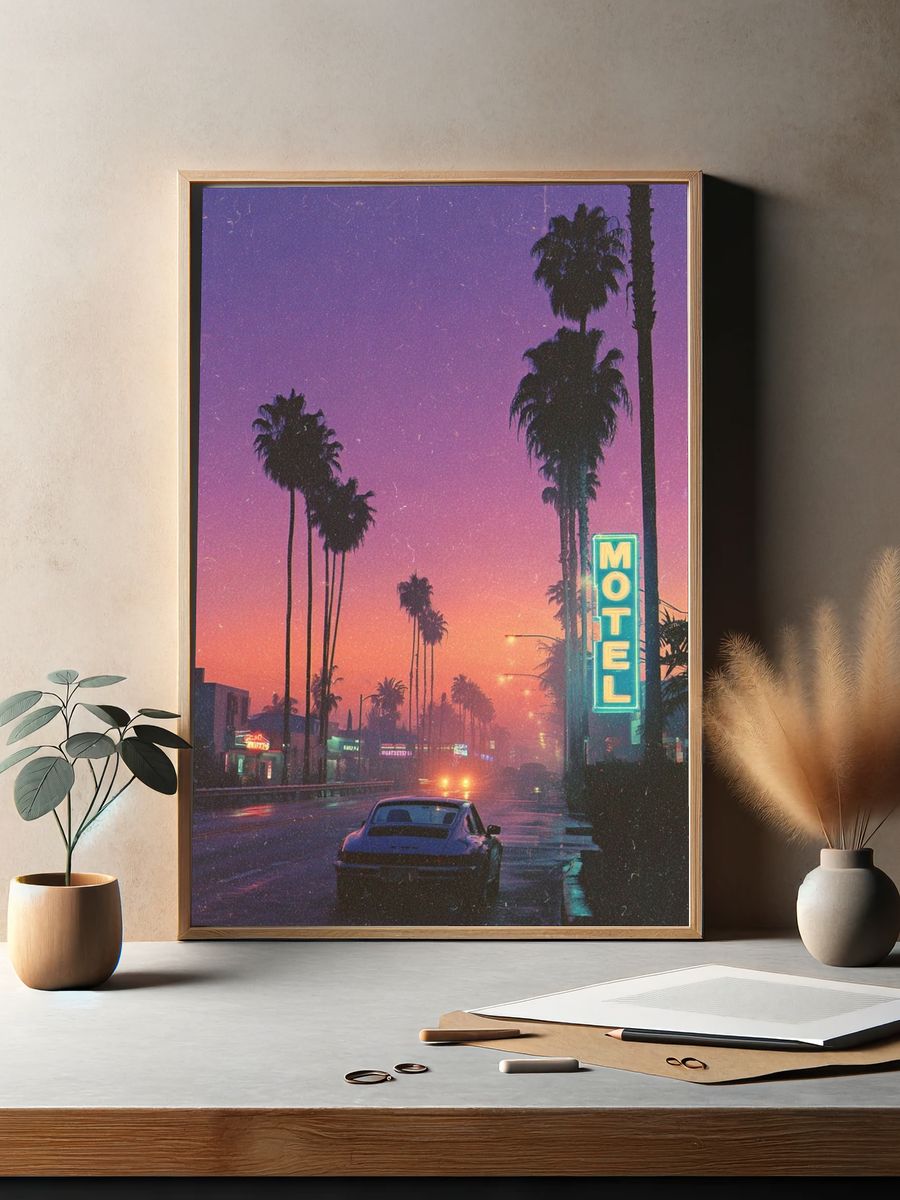 Retro Motel at Sunset — Vintage Print. — room view 2