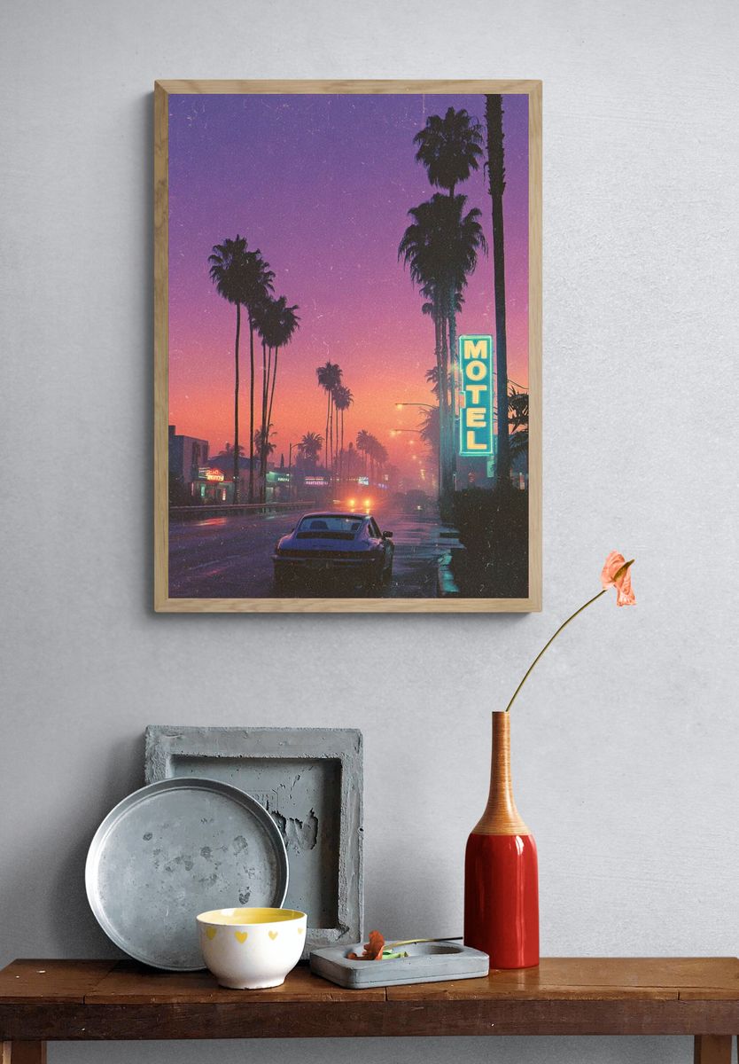 Retro Motel at Sunset — Vintage Print. — room view 3