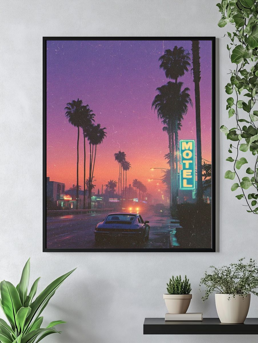 Retro Motel at Sunset — Vintage Print. — room view 4