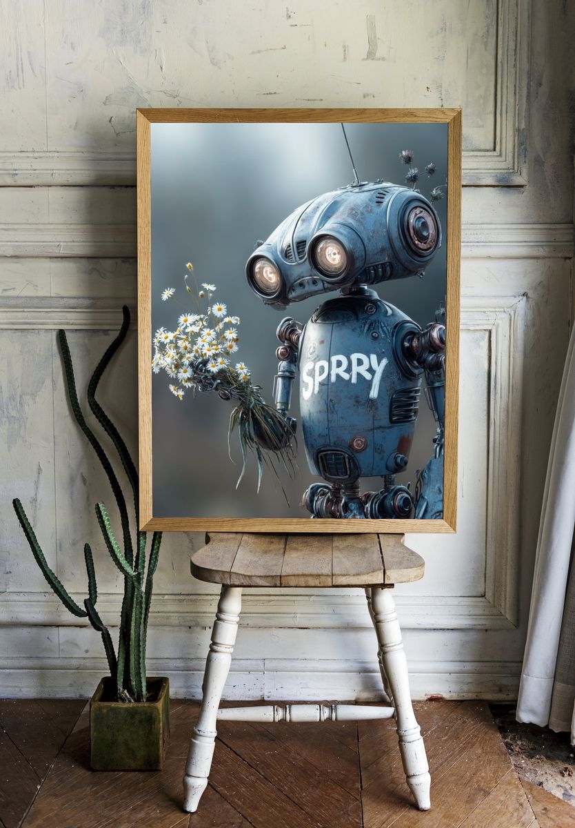 Sprry Robot with Daisies Poster. — room view 1