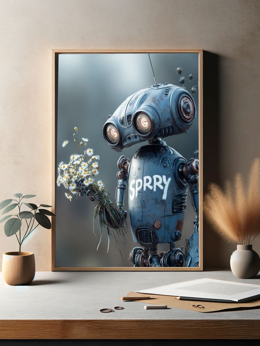 Sprry Robot with Daisies Poster. — room view 2