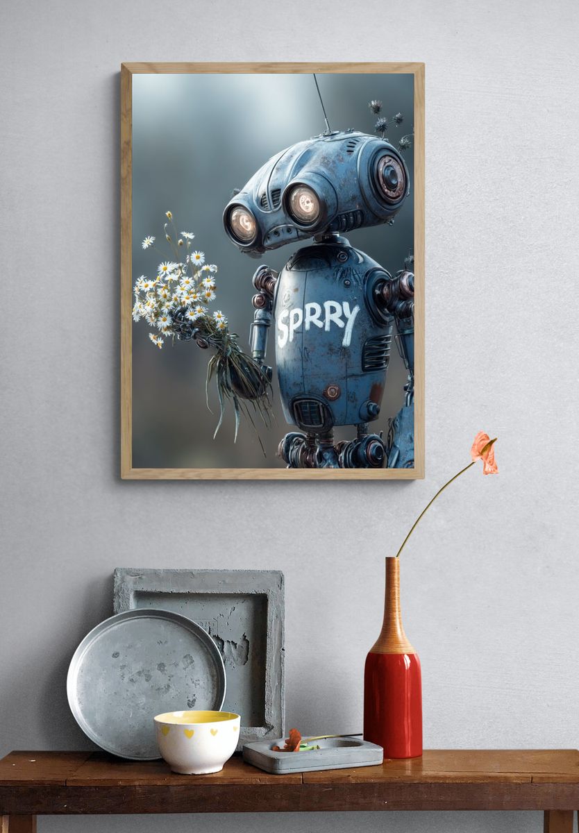 Sprry Robot with Daisies Poster. — room view 3