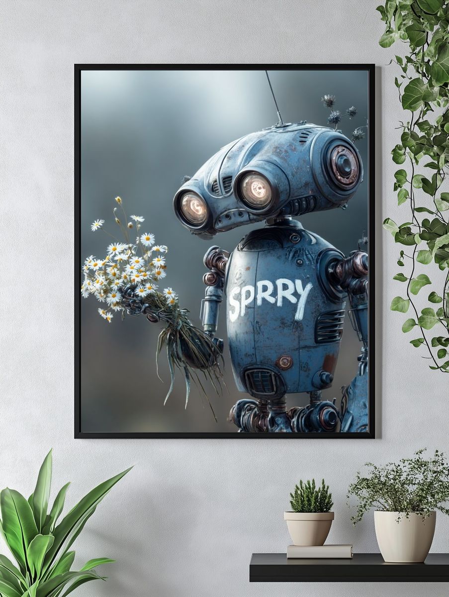 Sprry Robot with Daisies Poster. — room view 4