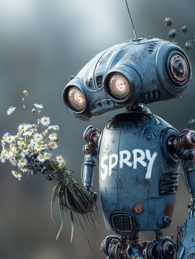 Sprry Robot with Daisies Poster. poster